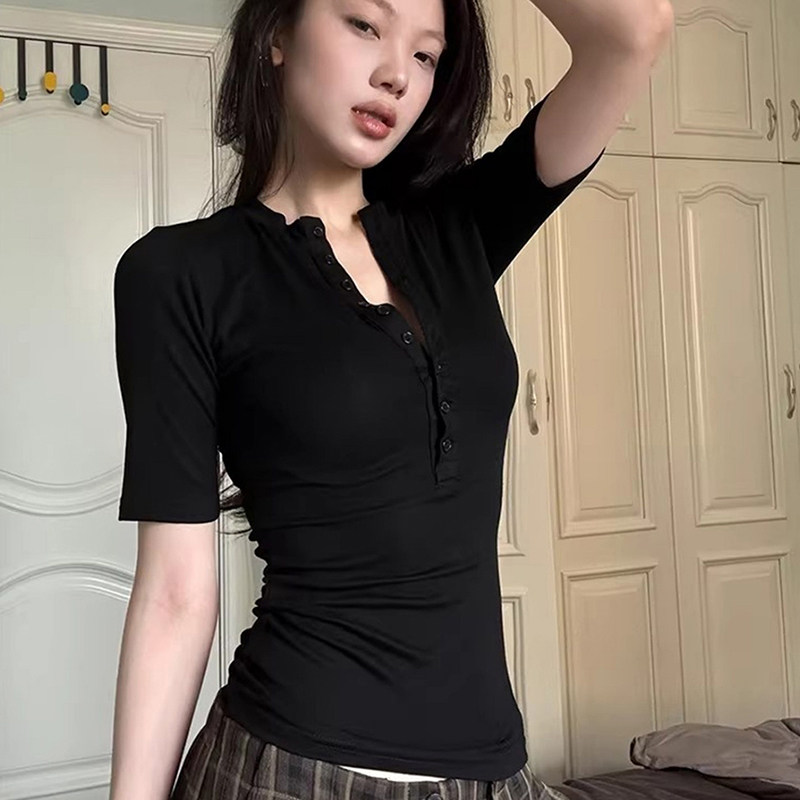 美式黑色亨利领短袖t恤女夏老钱风穿搭正肩修身显瘦半袖体恤上衣