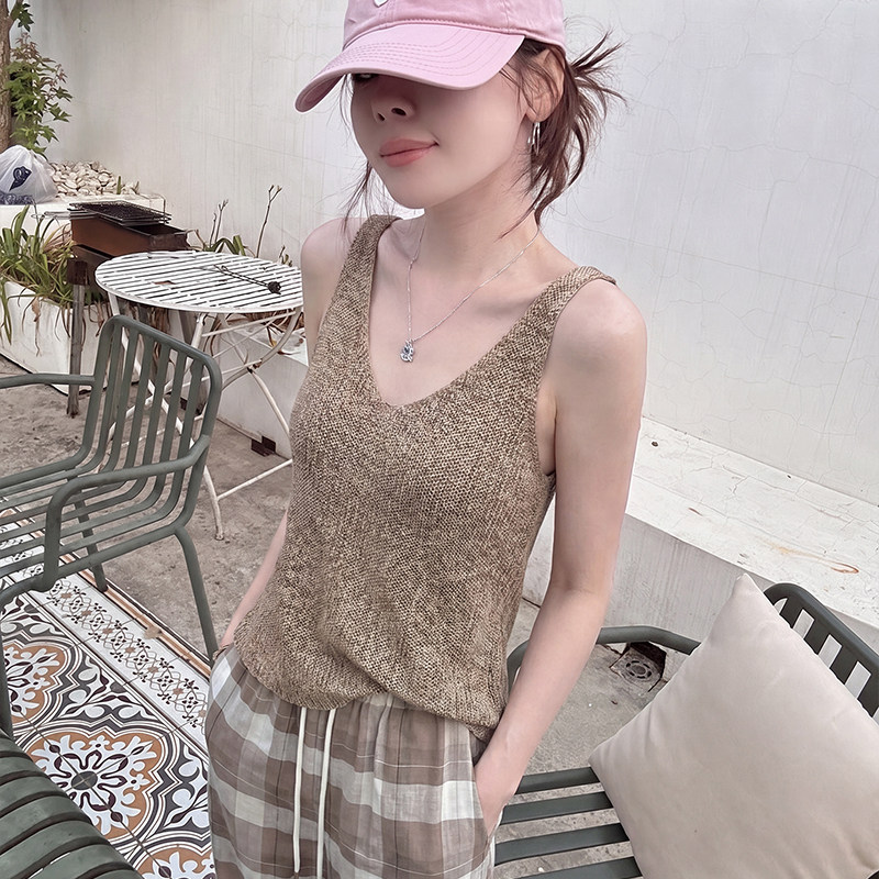 老钱风v领针织吊带背心女夏季薄