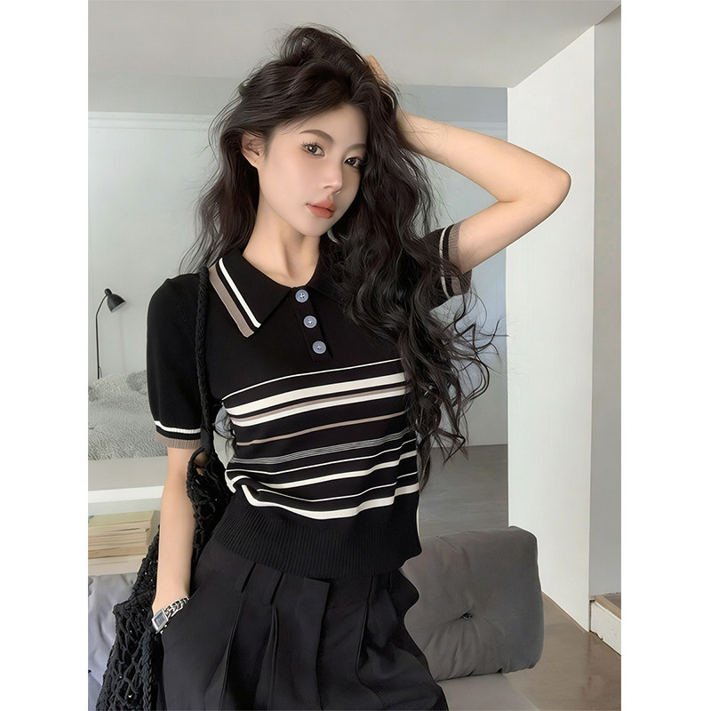 黑色条纹冰丝针织短袖polo衫女夏老钱风穿搭修身显瘦短款t恤上衣