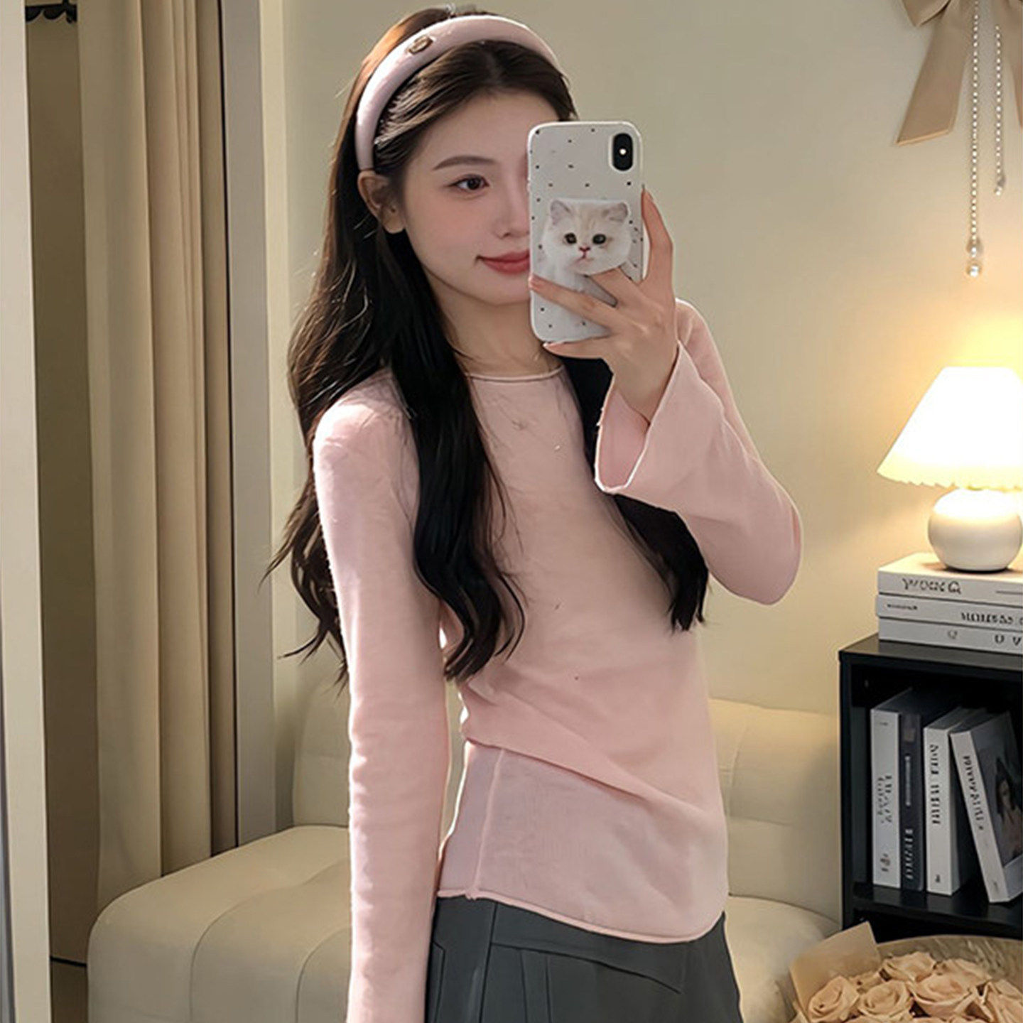 巨好看粉色长袖t恤女春季穿搭独特漂亮修身内搭打底针织衫上衣薄