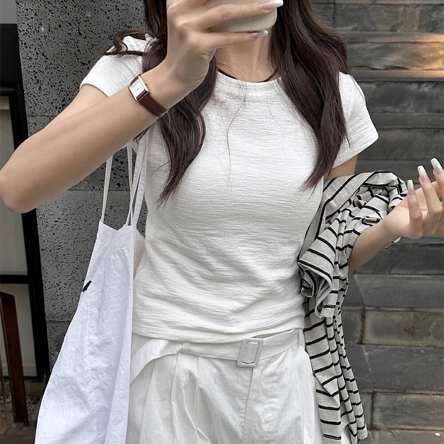 白色竹节棉圆领正肩短袖t恤女初夏穿搭肌理感修身短款体恤上衣薄