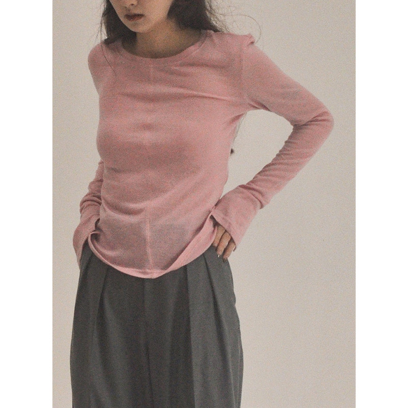 粉色修身长袖针织衫T恤女秋季薄款正肩打底内搭韩系微透罩衫上衣