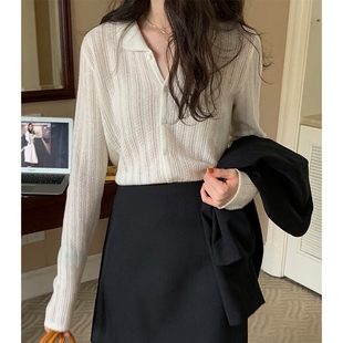 白色镂空针织开衫女秋冬设计感小众娃娃领薄款毛衣高级感外搭上衣
