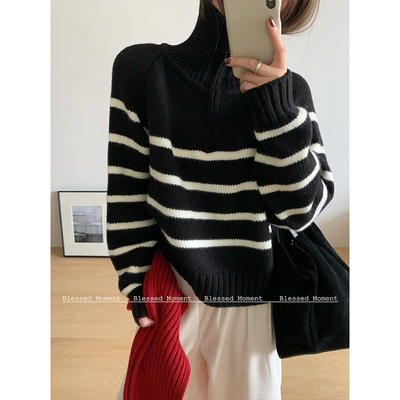 黑色半拉链高领套头毛衣女秋冬季