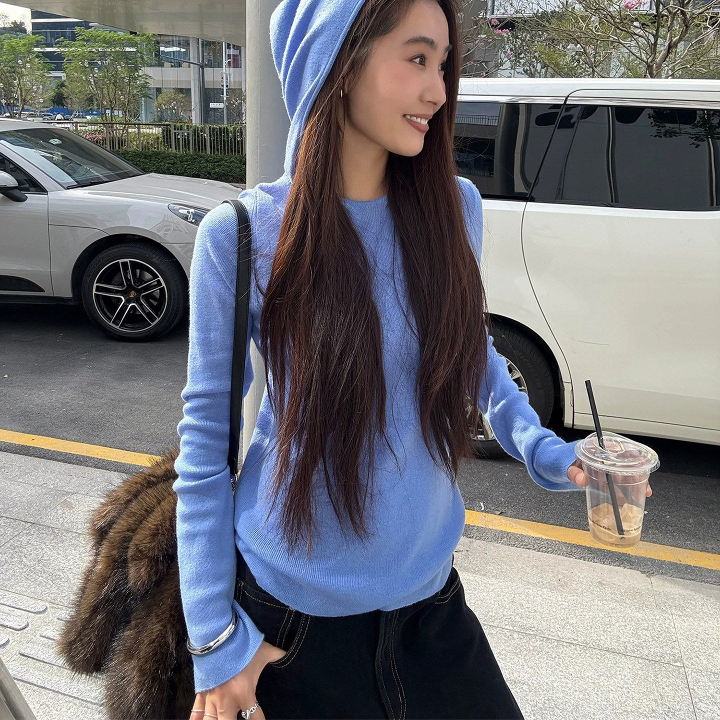 连帽针织打底衫修身内搭帽衫上衣