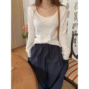 白色大领口微透罩衫女长袖T恤秋季薄款正肩修身U领打底衫内搭上衣