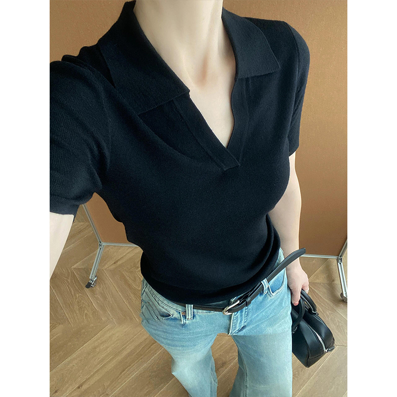 高级感黑色v领短袖polo衫t恤女夏季老钱风穿搭修身冰丝针织上衣薄
