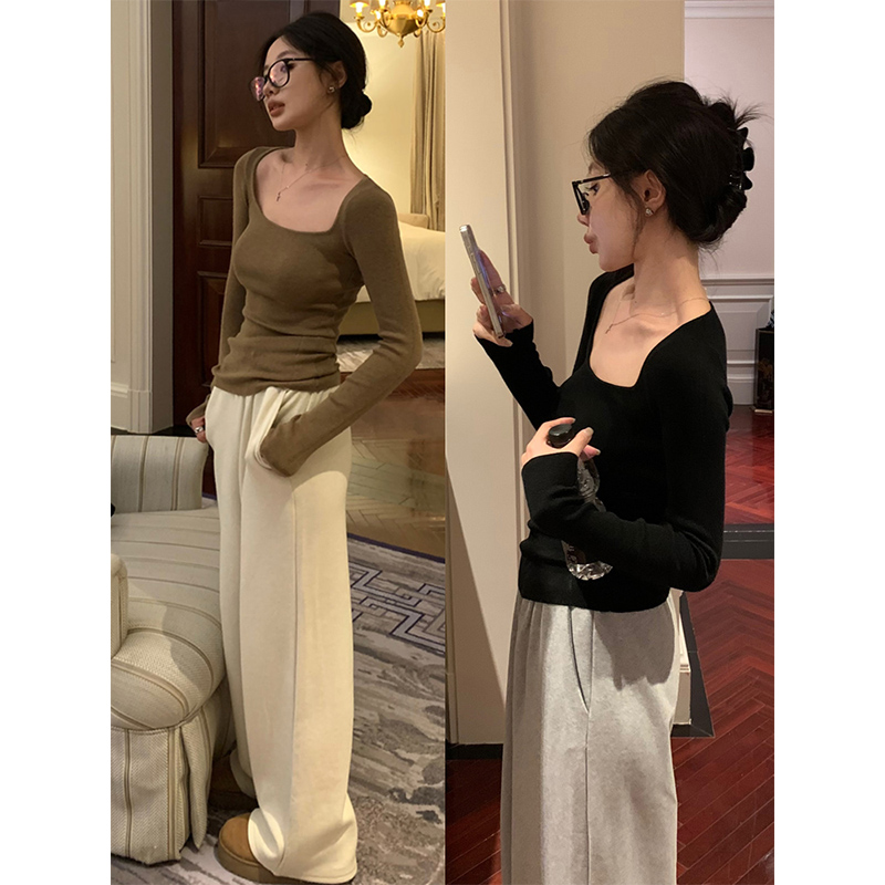 韩系大领口长袖修身针织打底衫女