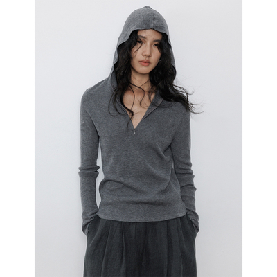 老钱风半拉链连帽针织衫修身上衣