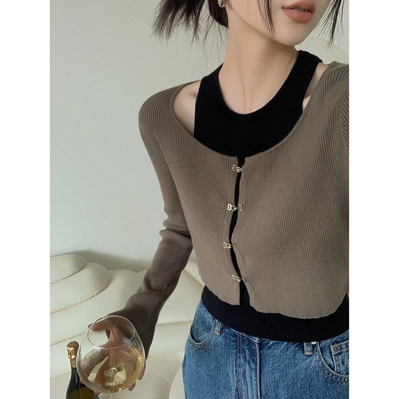 法式撞色露肩背心针织开衫女秋季设计感小众高腰两件套高级感上衣