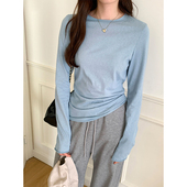 正肩长袖 奶蓝色防晒微透罩衫 修身 薄款 T恤春秋打底内搭上衣 女夏季