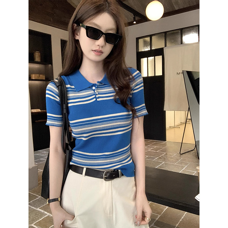 法式蓝色条纹针织短袖polo衫女夏季穿搭正肩修身薄款冰丝t恤上衣