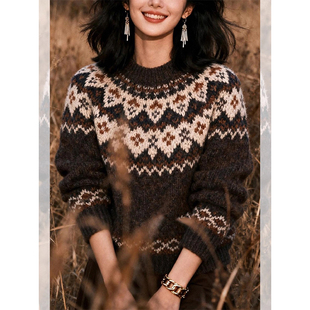 复古咖色重工粗线费尔岛毛衣女秋冬美拉德外穿宽松加厚针织衫上衣