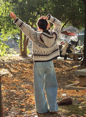 费尔岛复古连帽毛衣外套女秋冬慵懒风外穿软糯针织开衫设计感上衣