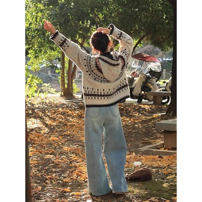 费尔岛复古连帽毛衣外套针织开衫