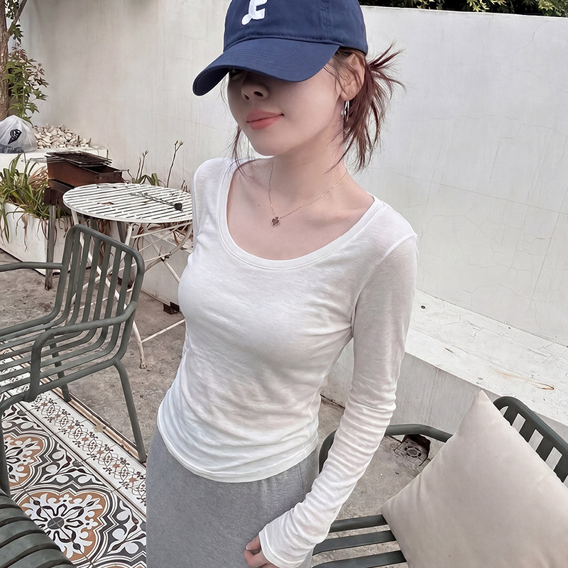 韩系白色u领修身防晒罩衫女夏季外搭大领口薄款长袖t恤空调衫上衣