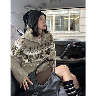 韩系费尔岛翻领毛衣外套女秋冬高级感双拉链宽松针织开衫高领上衣