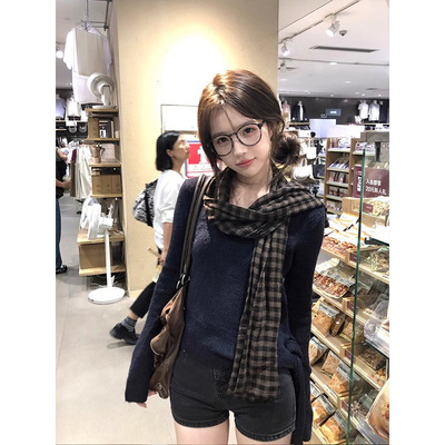 绑带U领收腰设计感藏青色针织衫