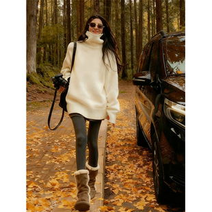 白色秋冬复古高领毛衣女外穿中长款遮屁股宽松加厚针织衫内搭上衣