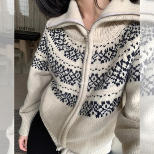 费尔岛复古高领毛衣外套女秋冬慵懒风宽松翻领针织拉链开衫上衣厚