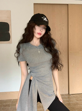 不规则绑带开叉灰色短袖T恤女夏辣妹修身收腰正肩设计感体恤上衣