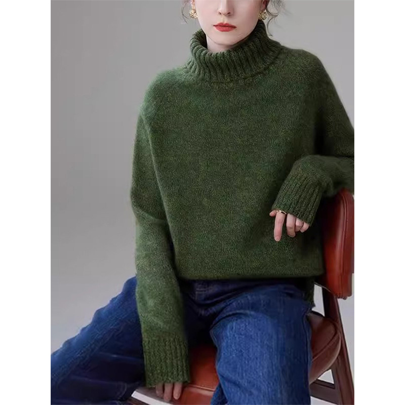 欧货绿色花纱高领毛衣女秋冬慵懒高级感宽松针织衫可外穿内搭上衣