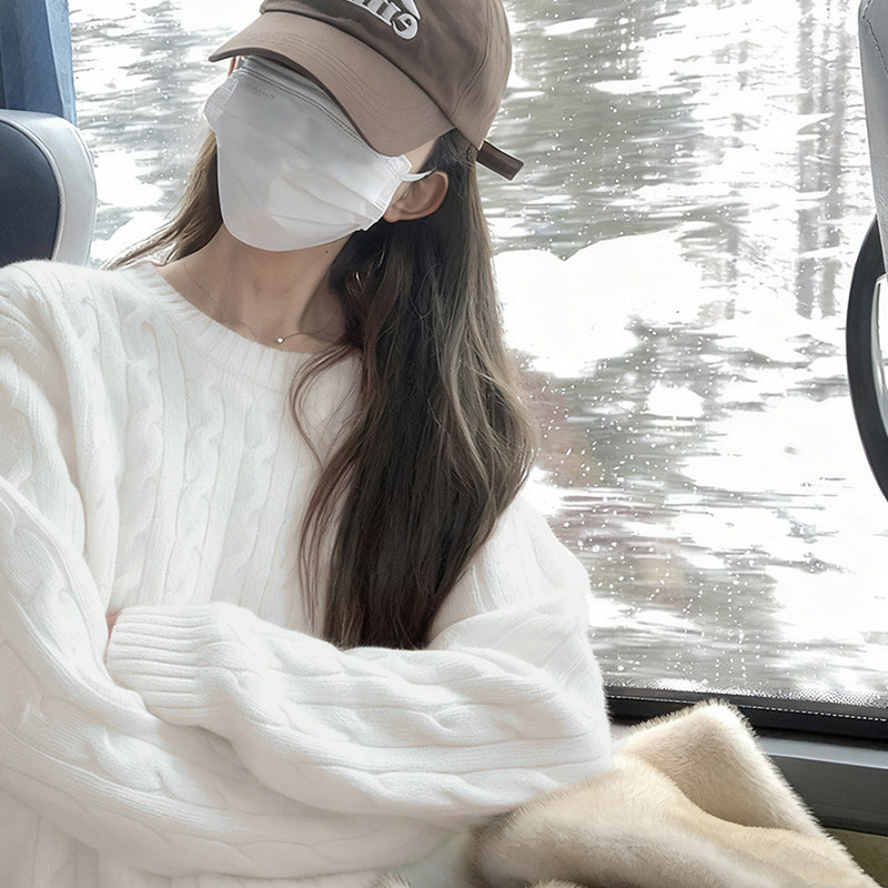 韩系白色圆领麻花毛衣女秋冬巨好看宽松软糯针织衫内搭打底上衣厚