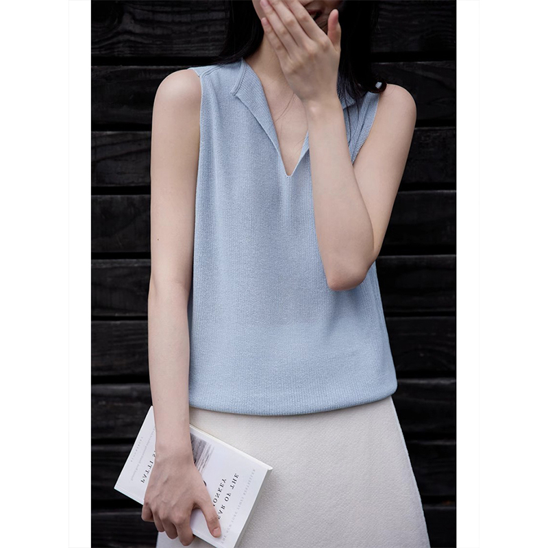 法式亚麻冰丝V领针织背心女夏宽松露肩无袖坎肩外穿吊带上衣内搭