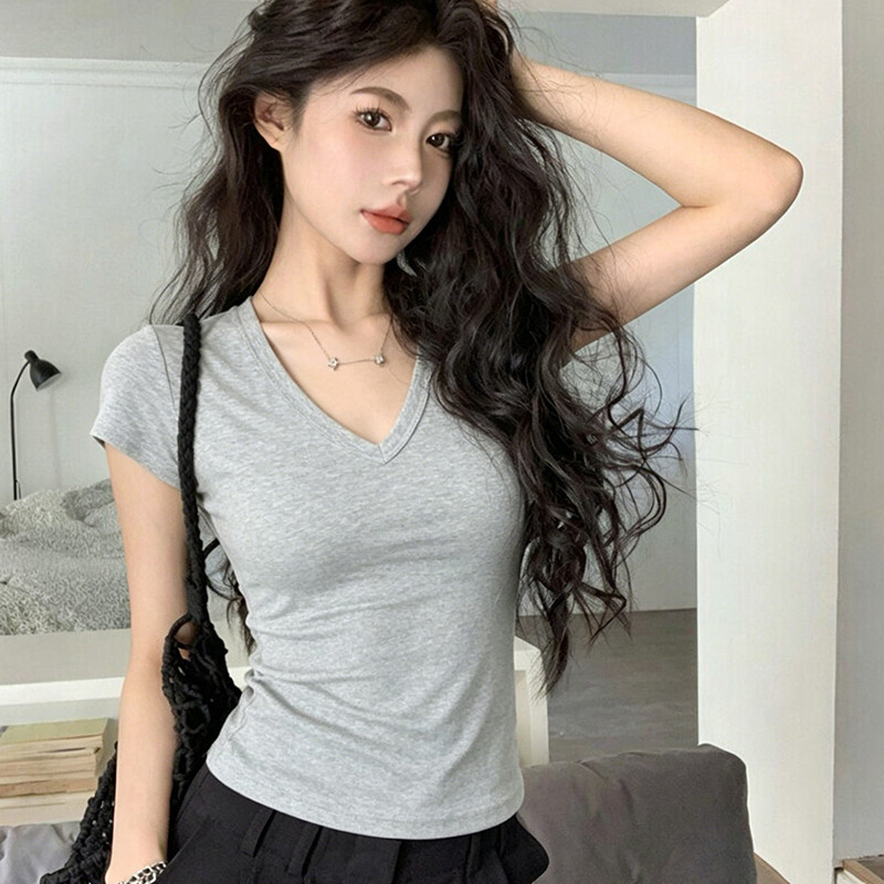 韩系灰色v领正肩短袖t恤女夏季穿搭巨好看修身显瘦内搭打底衫上衣