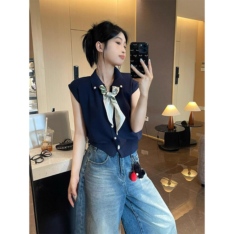 藏青色polo领配丝巾针织短袖t恤女夏老钱风小飞袖冰丝短款上衣薄