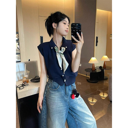 藏青色polo领配丝巾针织短袖t恤女夏老钱风小飞袖冰丝短款上衣薄