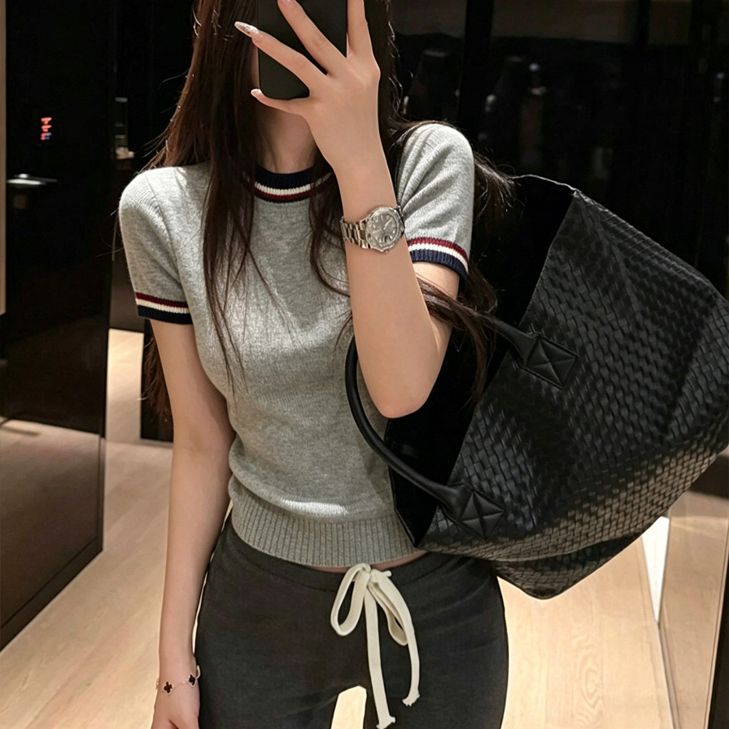 韩系撞色正肩冰丝针织短袖t恤女