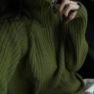 老钱风绿色半拉链高领毛衣女秋冬季可外穿内搭翻领宽松针织衫上衣