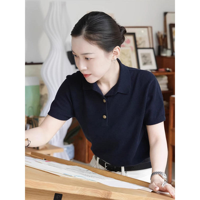 藏青色冰丝针织短袖polo衫女夏季老钱风穿搭气质修身正肩t恤上衣