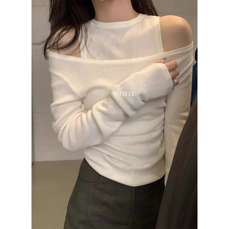 韩系白色假两件露肩针织衫女秋季内搭设计感修身显瘦打底气质上衣