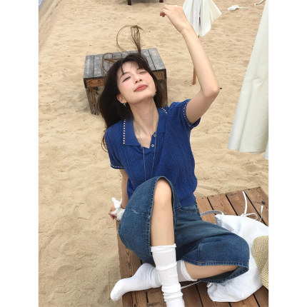 蓝色冰丝麻花针织短袖polo衫女夏季老钱风穿搭宽松miu系t恤上衣薄
