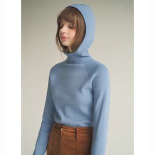 高级感连帽针织打底衫女2025秋冬奶蓝色羊毛帽衫毛衣内搭修身上衣