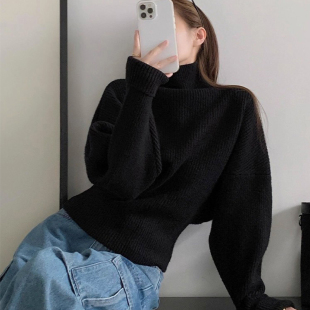 黑色蝙蝠袖高领毛衣女秋冬老钱风收腰短款加厚内搭打底针织衫上衣