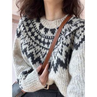 北欧风费尔岛复古圆领毛衣女秋冬小个子外穿慵懒宽松针织衫上衣厚