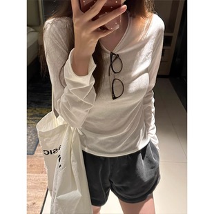 韩系白色薄款微透长袖t恤女春季慵懒风修身防晒罩衫内搭打底上衣