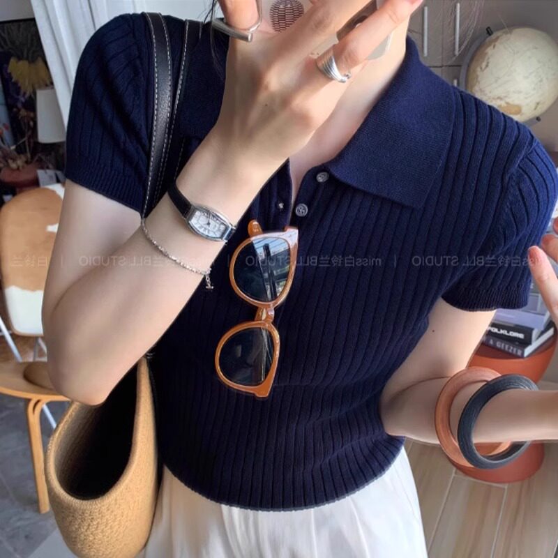 藏青色polo领冰丝短袖t恤女夏季高级感气质修身短款翻领针织上衣