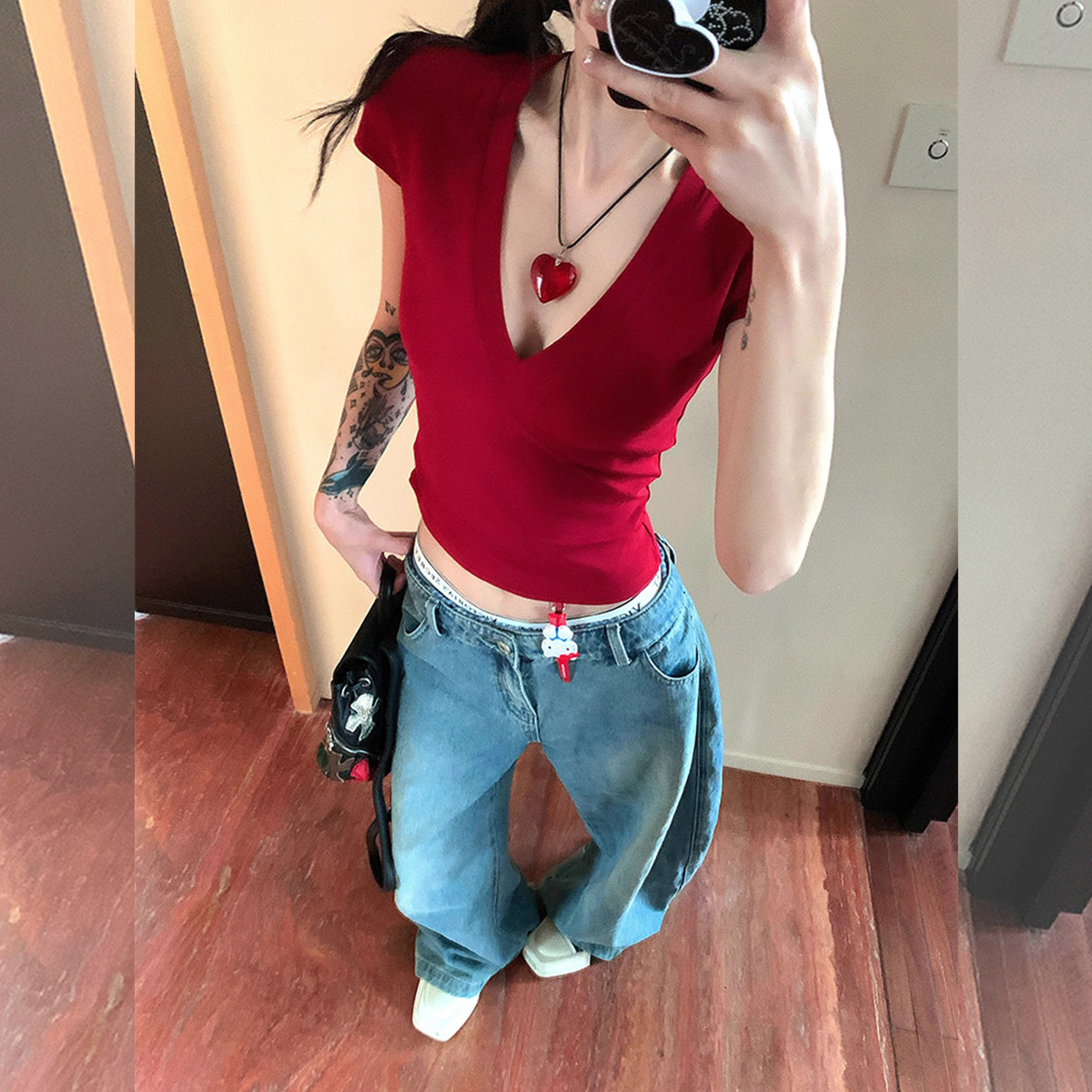 美式v领正肩短袖t恤修身薄款上衣