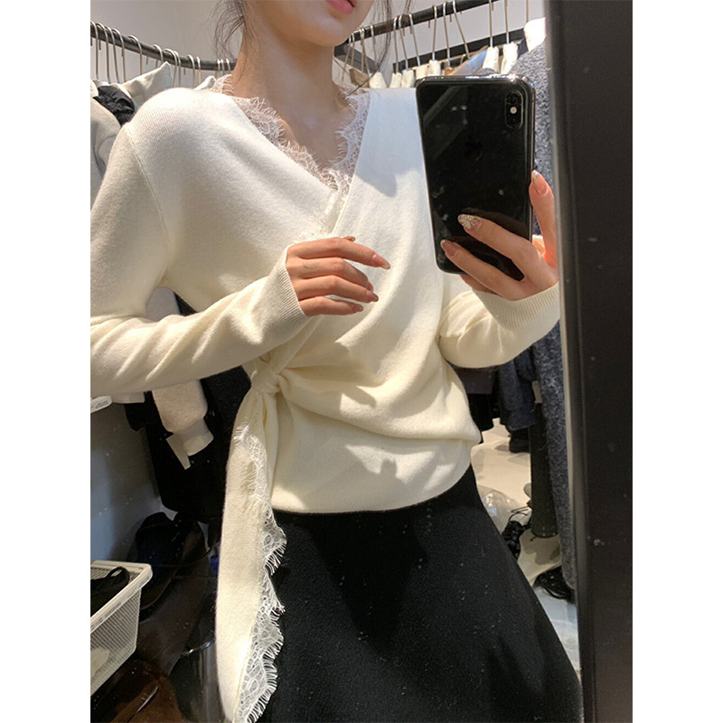 法式白色v领蝴蝶结系带针织衫毛衣女秋冬设计感修身短款蕾丝上衣