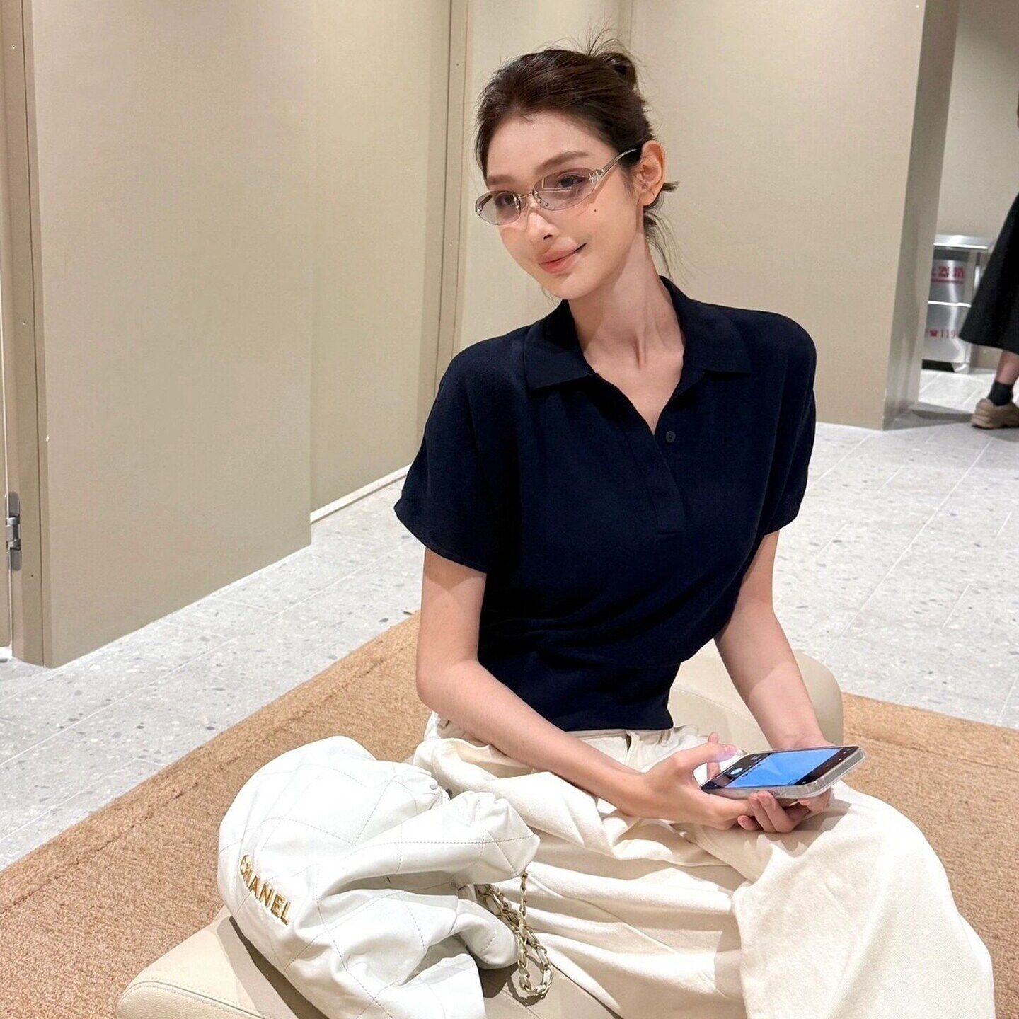 老钱风藏青色针织短袖polo衫女夏季淡人高知穿搭正肩修身t恤上衣