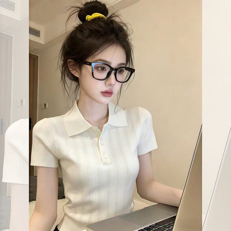 韩系白色冰丝polo领短袖t恤女夏季高智感穿搭正肩修身针织衫上衣