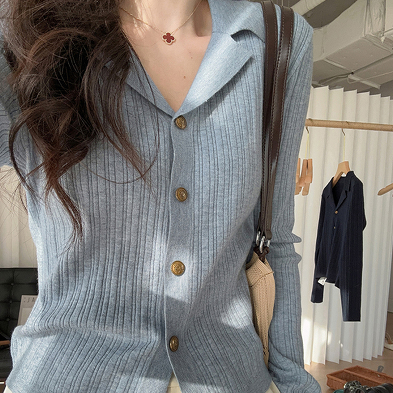 法式小香风翻领针织开衫女秋冬轻熟风气质修身外套内搭打底衫上衣