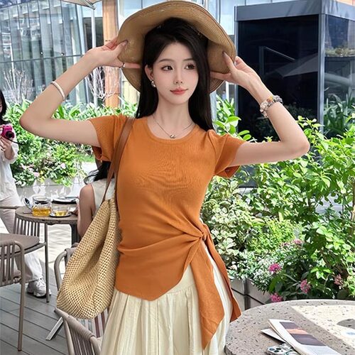 多巴胺不规则绑带收腰短袖t恤女