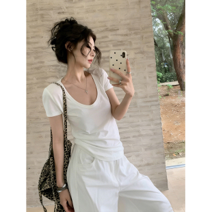 韩系白色大领口短袖t恤女夏季穿搭正肩u领修身显瘦打底体恤衫上衣