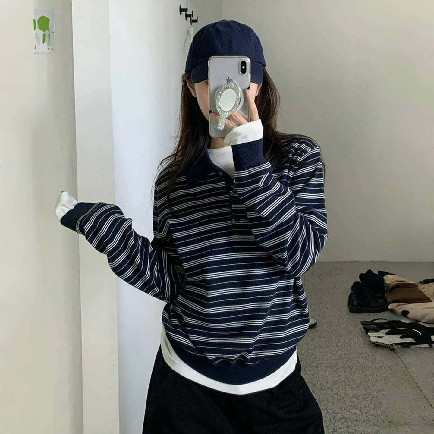 韩系藏蓝色条纹针织polo衫女春秋高级感宽松长袖t恤内搭miu系上衣