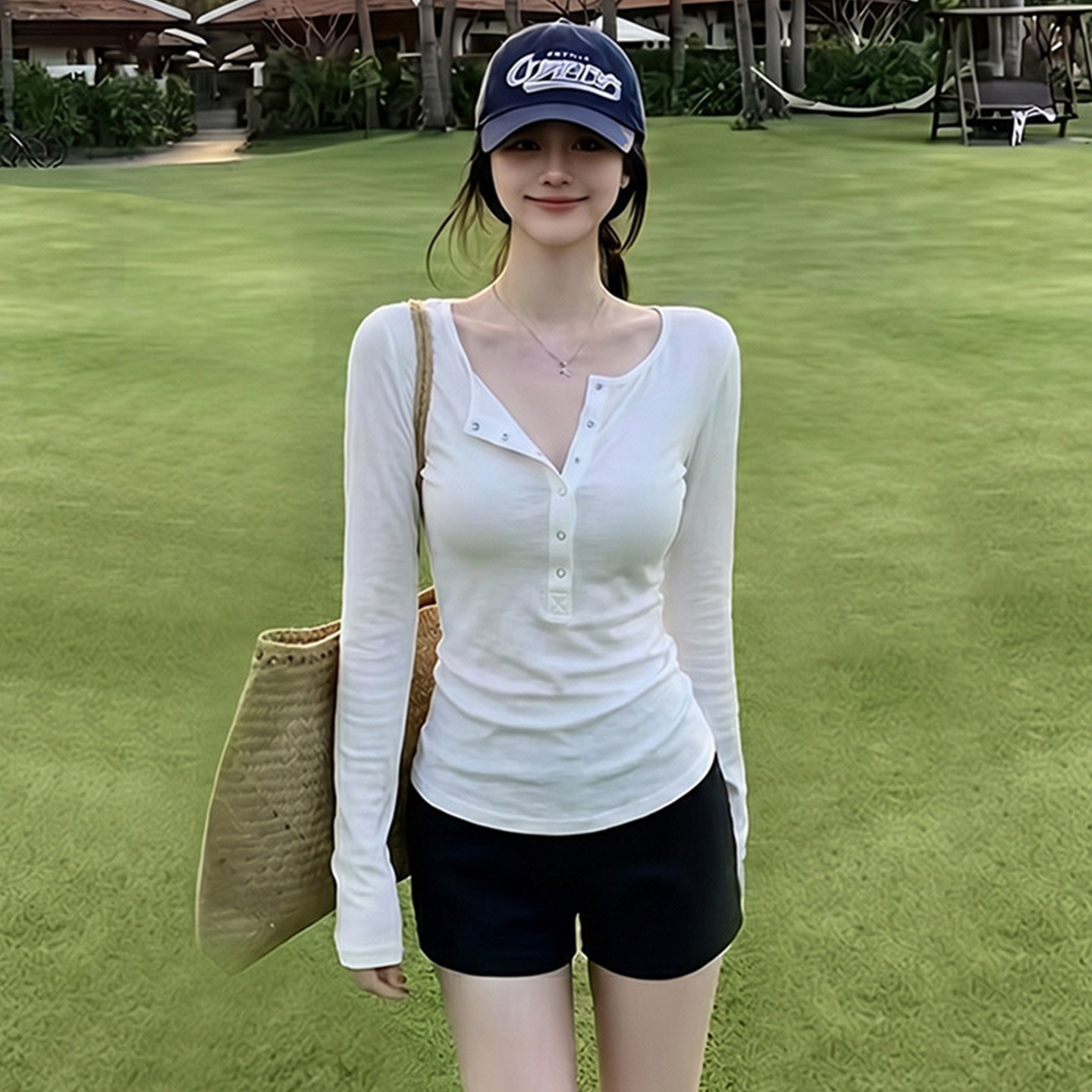 半开领亨利衫修身长袖T恤女上衣